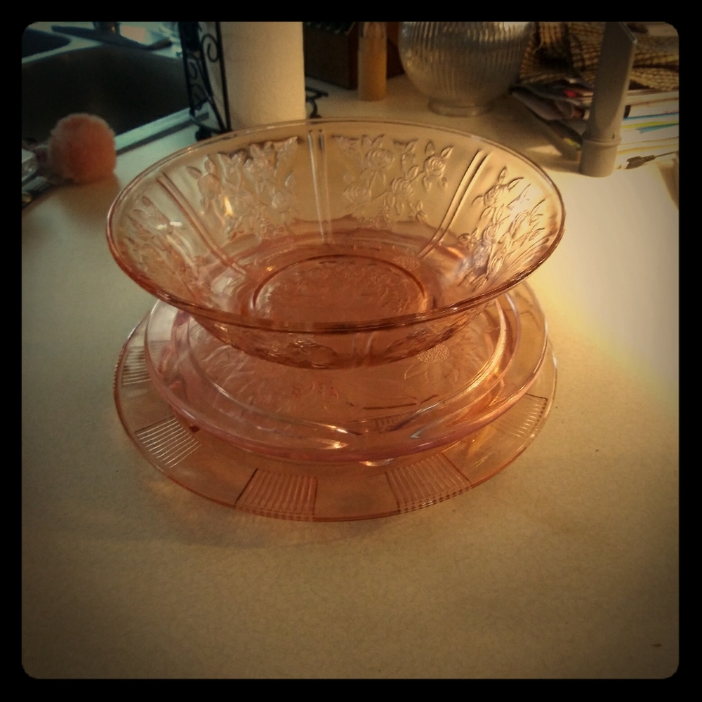Vintage glassware cake plate and salad bowl